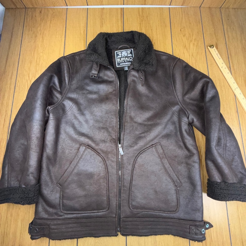Buffalo David Bitton Mens XL Faux Shearling Aviator Bomber Jacket Brown Full Zip